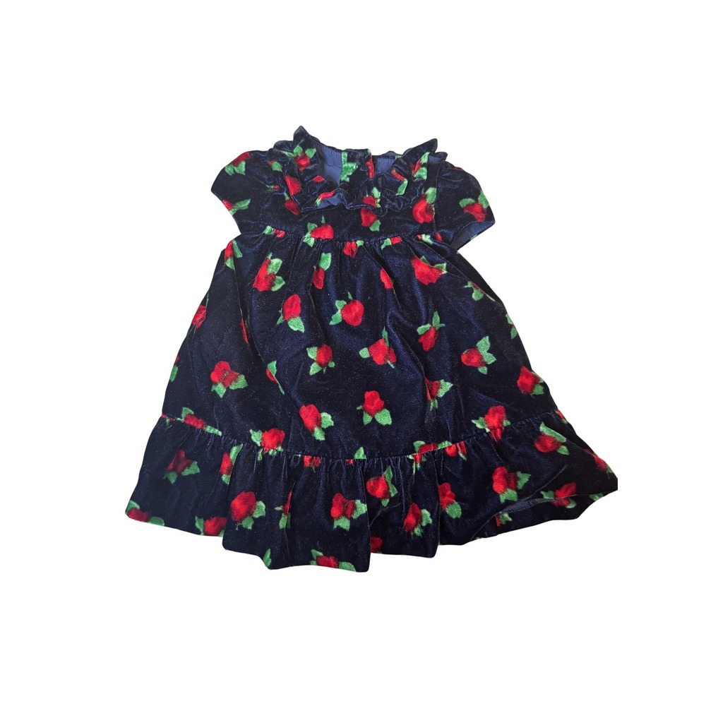 Janie And Jack Dress Baby Girls 0-3 Months Navy Velvet Rose Print Holiday Ruffle